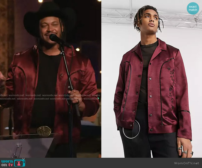 Asos Western Revere Harrington Jacket in burgundy satin with embroidery worn by Noivas on The Voice