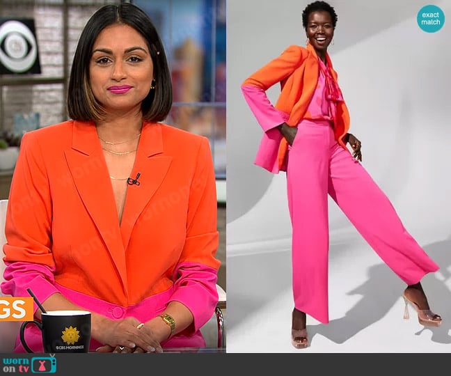 Tahari ASL Colorblocked Boyfriend Blazer in Tomato Hot Pink worn by Shanelle Kaul on CBS Mornings