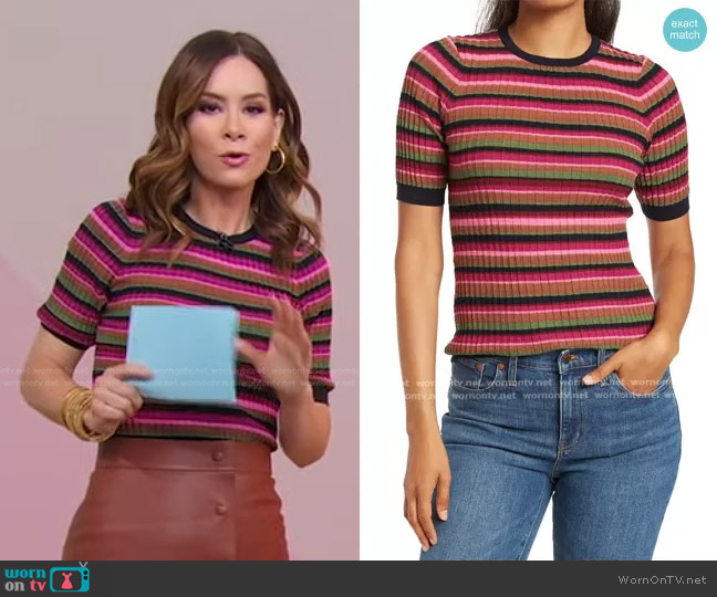 Trina Turk Shadows Stripe Sweater worn by Rebecca Jarvis on Good Morning America