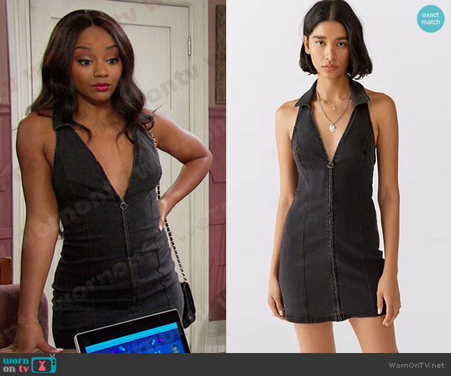 Urban Outfitters Caro Denim Zip-Front Mini Dress worn by Chanel Dupree (Raven Bowens) on Days of our Lives