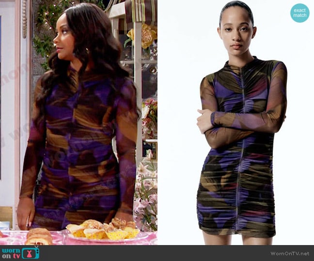 Zara Printed Ruched Tulle Dress worn by Chanel Dupree (Raven Bowens) on Days of our Lives