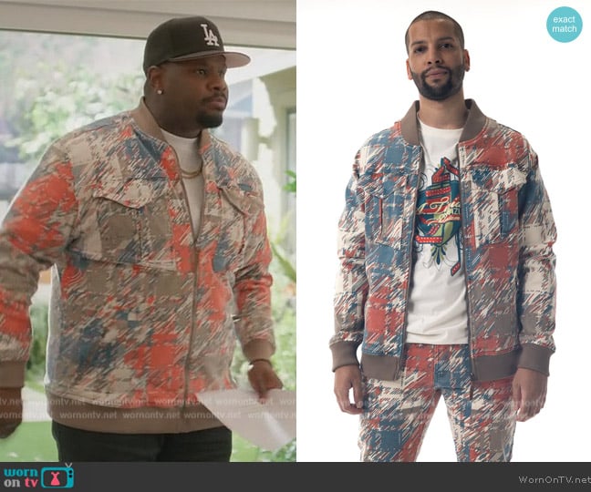 A.Tiziano Graphic Printed Plaid Bomber Jacket worn by Sherm Jones (Carl Tart) on Grand Crew