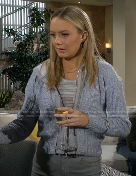 Abby’s blue cardigan layered hoodie on The Young and the Restless