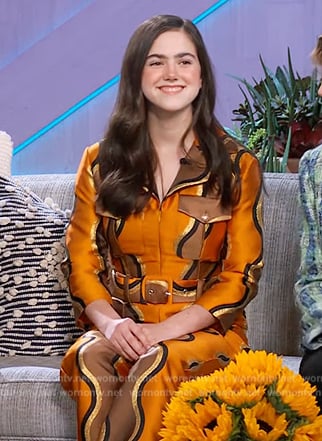 Abby Ryder Fortson’s orange metallic belted jumpsuit on The Kelly Clarkson Show