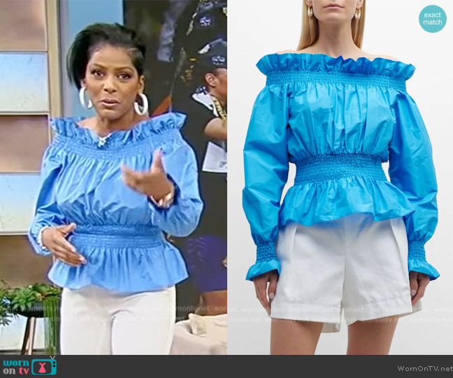 Adam Lippes Smocked Peplum-Waist Off-The-Shoulder Silk Blouse worn by Tamron Hall on Tamron Hall Show