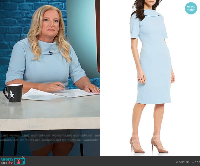 Adrianna Papell Roll Neck Sheath with V Back worn by Alison Triessl on Access Hollywood