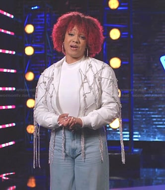 Cait Martin’s white embellished knoted fringe jacket on The Voice