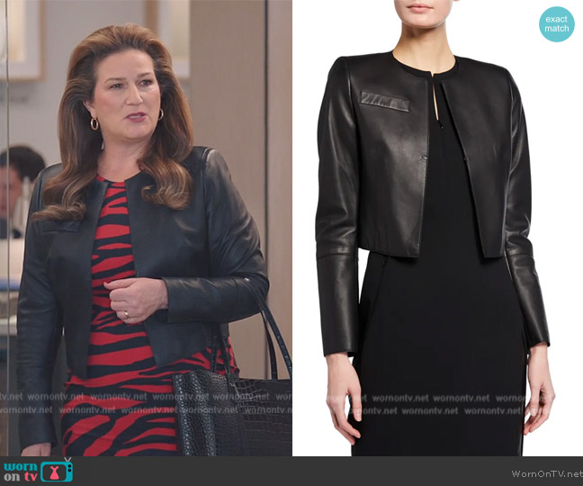 Akris Hasso Cropped Napa Leather Jacket worn by Katherine Hastings (Ana Gasteyer) on American Auto