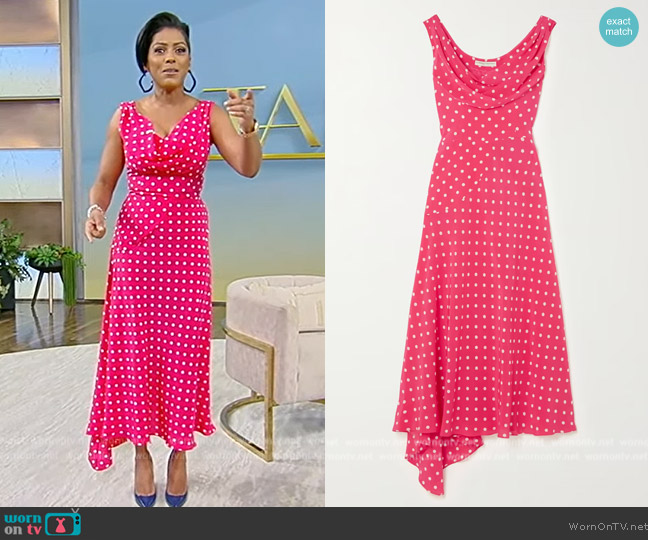 Alessandra Rich Asymmetric polka-dot silk crepe de chine midi dress worn by Tamron Hall on Tamron Hall Show
