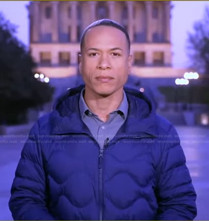 Alex Perez’s blue quilted down jacket on Good Morning America
