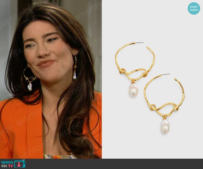 Alexis Bittar 14K Gold-Plated Brass Twisted Pearl Drop Hoop Earrings worn by Steffy Forrester (Jacqueline MacInnes Wood) on The Bold and the Beautiful