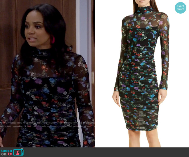 Alice + Olivia Delora Ruched Dress in Beautiful Blooms worn by Randi (Kyla Pratt) on Call Me Kat