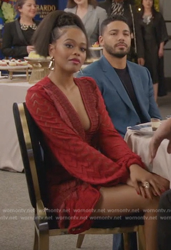 Alicia’s red lace cutout mini dress on All American