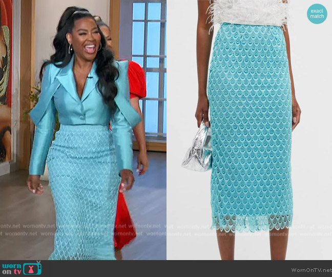 Aliette Scallop Cutout Lace Midi Skirt worn by Kenya Moore on The Talk