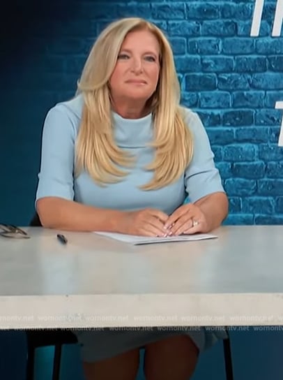 Alison Triessl’s blue folded neck dress on Access Hollywood