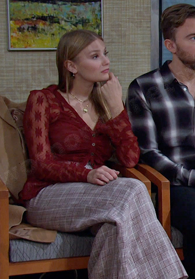 Allie’s red floral sheer top and plaid pants on Days of our Lives