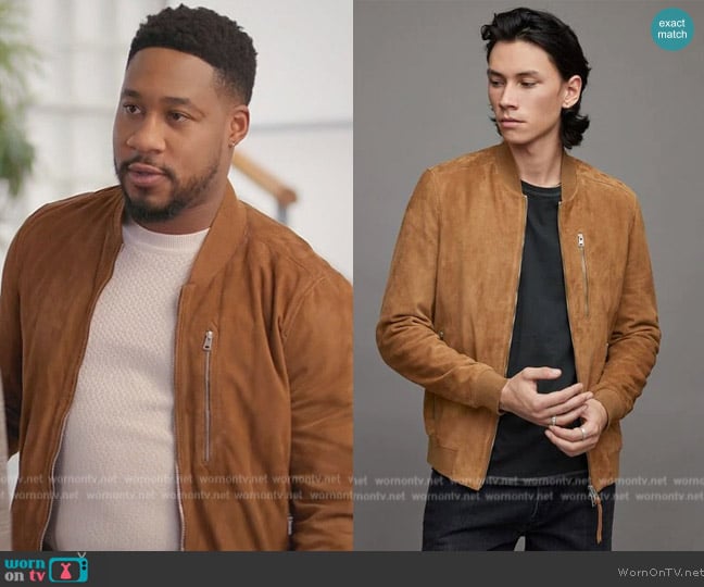 All Saints Kemble Suede Bomber Jacket worn by Anthony Holmes (Aaron Jennings) on Grand Crew