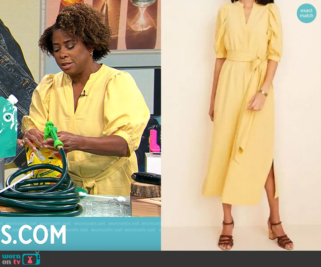 Ann Taylor Linen Tie Waist Midi Dress worn by Gayle Bass on CBS Mornings