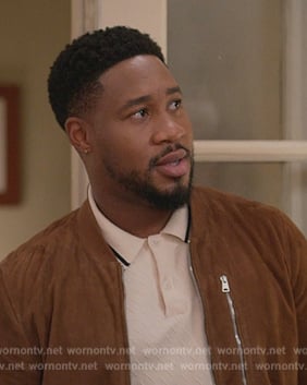 Anthony’s brown suede jacket on Grand Crew