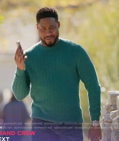 Anthony’s ribbed teal sweater on Grand Crew