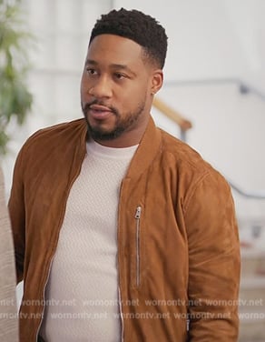Anthony’s brown suede bomber jacket on Grand Crew