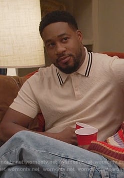 Anthony’s white textured polo on Grand Crew