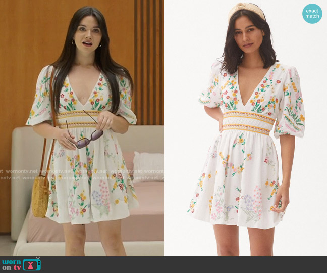 Anthropologie Deep-V Floral Mini Dress worn by Gwen (Katie Stevens) on Fantasy Island
