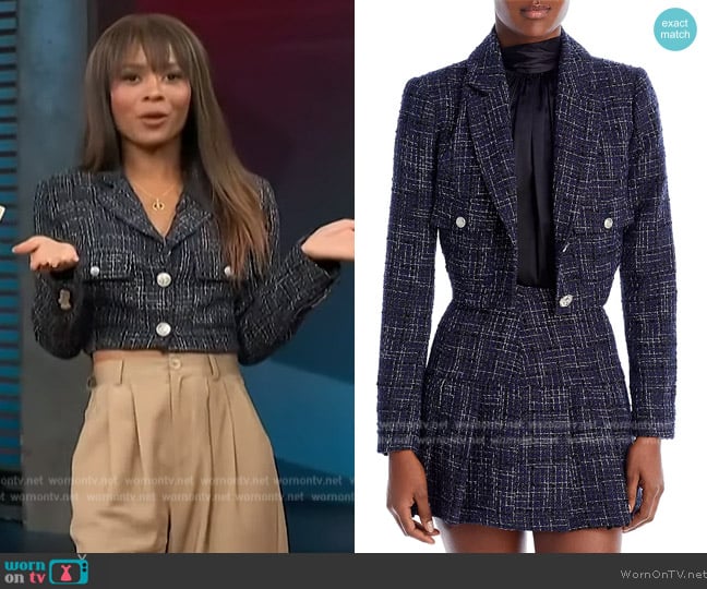 Aqua Tweed Cropped Blazer worn by Zuri Hall on Access Hollywood