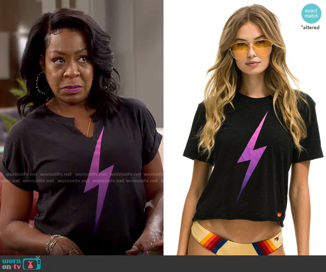 Aviator Nation Bolt Boyfriend Tee in Black Pink Purple worn by Tina Butler (Tichina Arnold) on The Neighborhood
