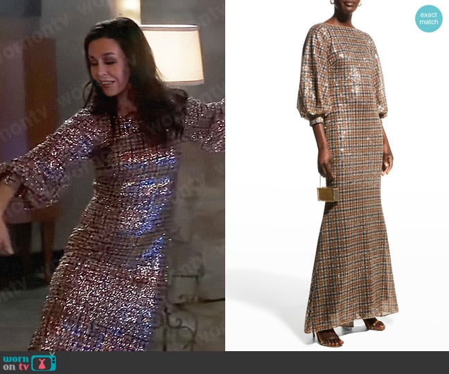 Badgley Mischka Sequin Glen Plaid Full-Sleeve Gown worn by Anna Devane (Finola Hughes) on General Hospital