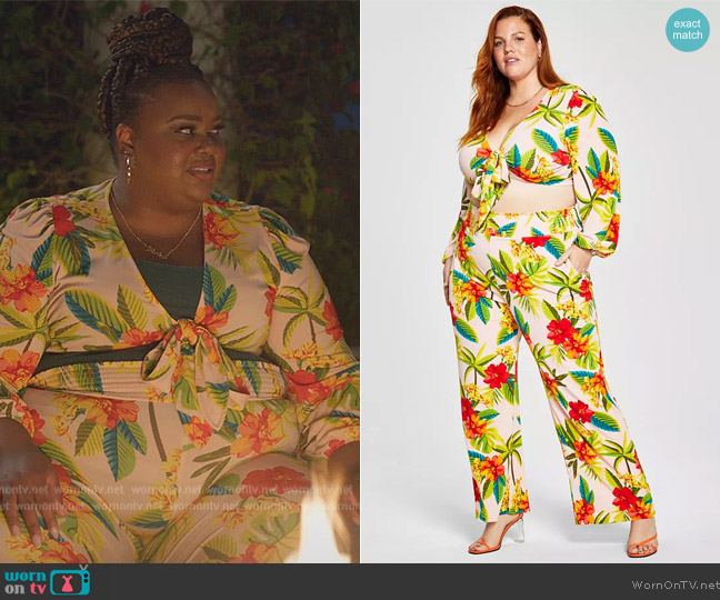Trendy Plus Size Tropical-Print Tie-Front Top and Printed Soft Pants worn by Nicky (Nicole Byer) on Grand Crew