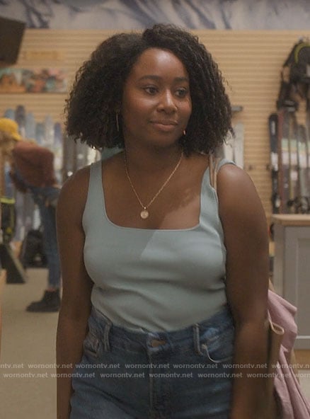 Brit’s blue square-neck tank top on Single Drunk Female