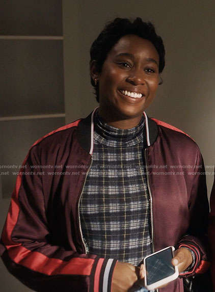 Brit’s plaid top and burgundy bomber jacket on Single Drunk Female