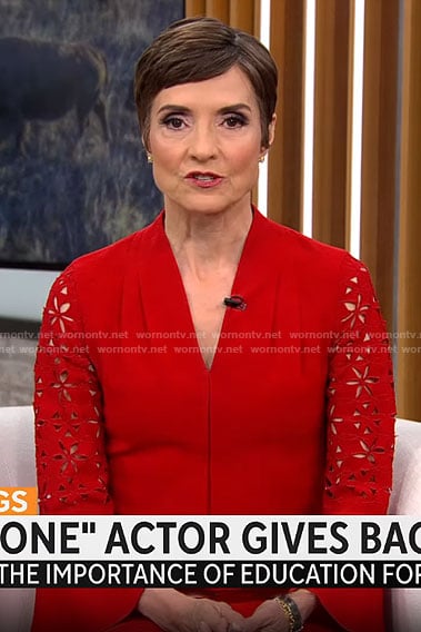 Catherine Herridge’s red eyelet sleeve dress on CBS Mornings