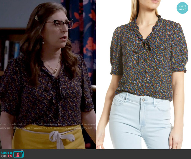 CeCe Floral Print Tie Neck Blouse in Black Multi worn by Kat Silver (Mayim Bialik) on Call Me Kat