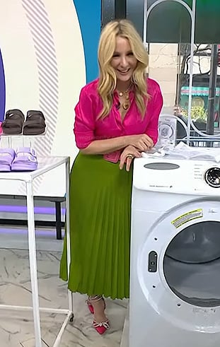 Chassie’s pink satin shirt and green pleated skirt on Today