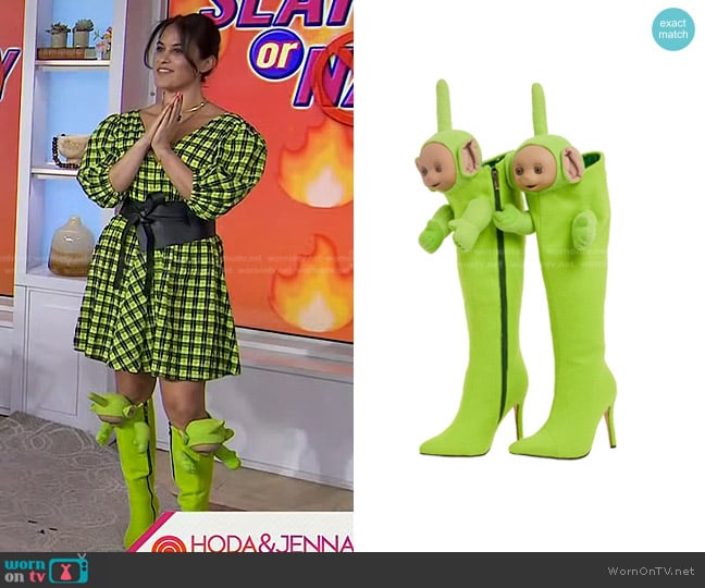 Christian Cowan x Teletubbies High Heel Boots in Dipsy Green worn by Donna Farizan on Today