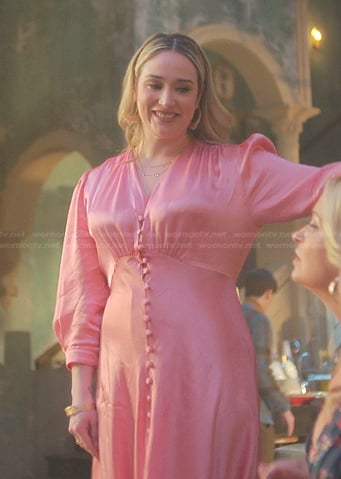 Davia’s pink button front satin dress on Good Trouble