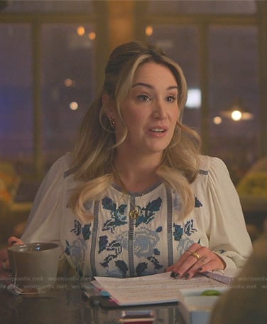 Davia’s white floral embroidered blouse on Good Trouble