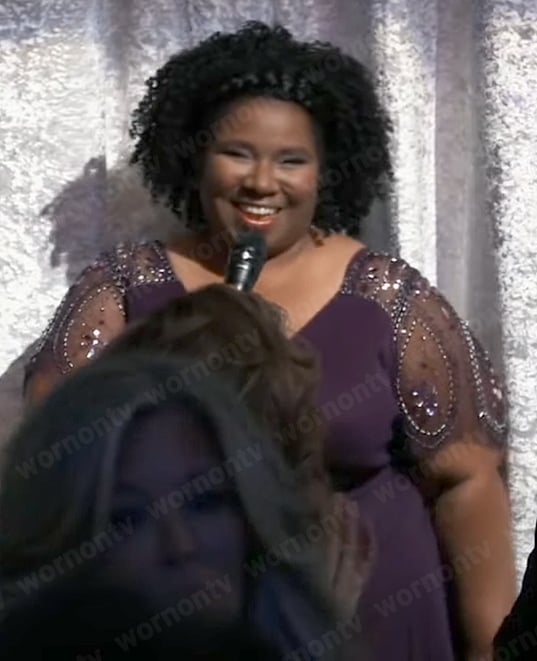 Deanna’s purple beaded sleeve dress at the Nurses Ball 2023 on General Hospital