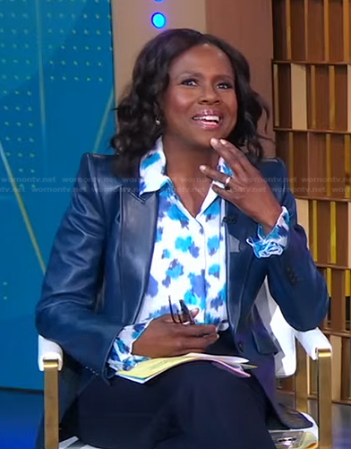 Deborah’s printed blouse and blue leather blazer on Good Morning America