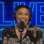 Deja Vu’s black floral print wrap dress on Live with Kelly and Mark