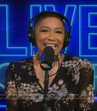 Deja Vu’s black floral print wrap dress on Live with Kelly and Mark