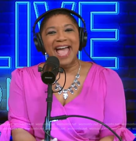 Deja Vu’s pink tie sleeve wrap dress on Live with Kelly and Ryan