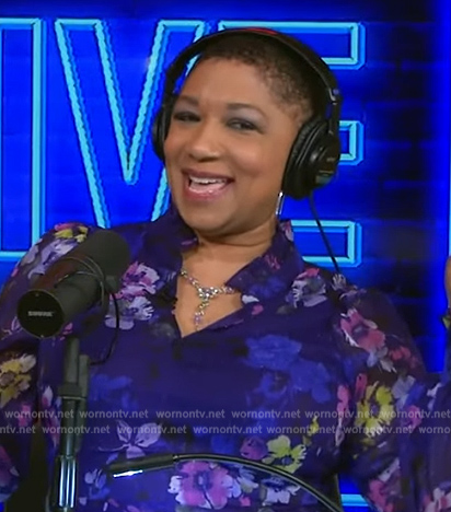 Deja Vu’s blue floral print sheer dress on Live with Kelly and Ryan