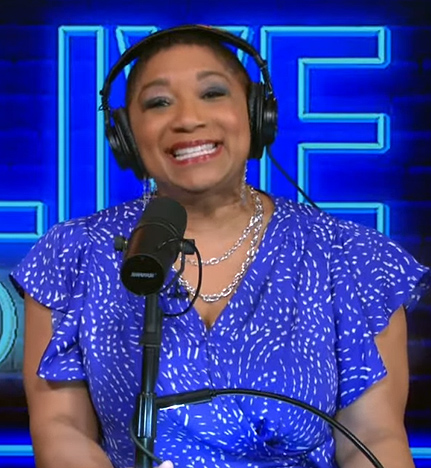 Deja Vu’s blue printed wrap dress on Live with Kelly and Mark
