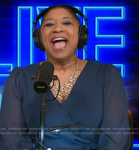 Deja Vu’s navy sheer wrap dress on Live with Kelly and Mark