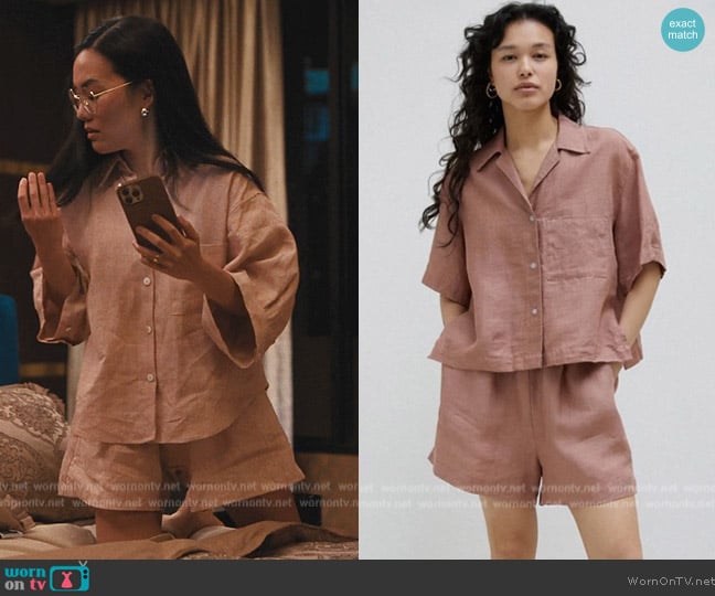 Deiji Studios Stonewashed Linen Pajama Short Set in Smoke Pink worn by Amy Lau (Ali Wong) on Beef