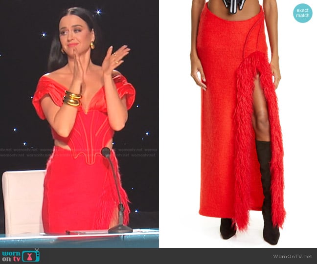 Didu Faux Fur Trim Wool Maxi Skirt worn by Katy Perry on American Idol