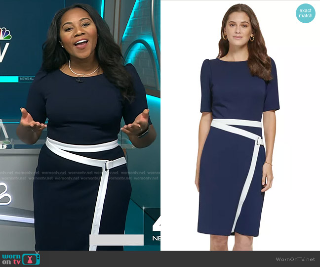 DKNY Contrast-Trim Puff-Shoulder Sheath Dress worn by Kay Angrum on NBC News Daily